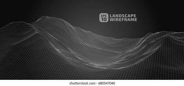 Abstract wireframe background. 3D grid technology illustration landscape. Digital Terrain Cyberspace in the Mountains with valleys | EPS10 Vector.