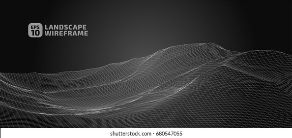 Abstract wireframe background. 3D grid technology illustration landscape. Digital Terrain Cyberspace in the Mountains with valleys | EPS10 Vector.