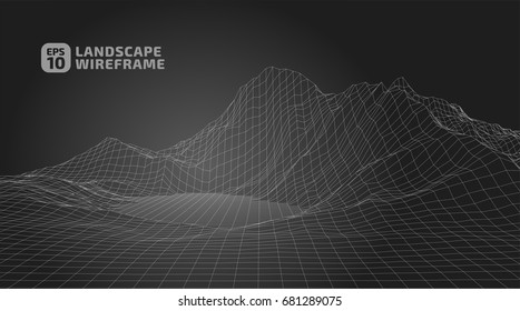 Abstract wireframe background. 3D grid technology illustration landscape. Digital Terrain Cyberspace in the Mountains with valleys | EPS10 Vector.