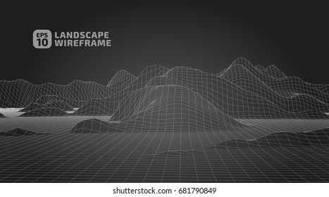 Abstract wireframe background. 3D grid technology illustration landscape. Digital Terrain Cyberspace in the Mountains with valleys | EPS10 Vector.
