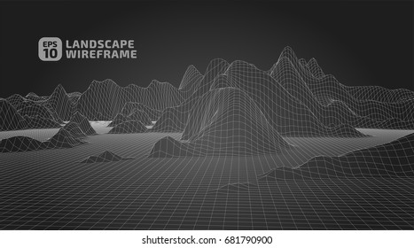 Abstract wireframe background. 3D grid technology illustration landscape. Digital Terrain Cyberspace in the Mountains with valleys | EPS10 Vector.
