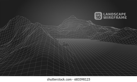 Abstract wireframe background. 3D grid technology illustration landscape. Digital Terrain Cyberspace in the Mountains with valleys | EPS10 Vector.