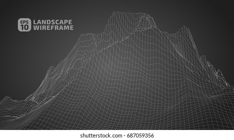 Abstract wireframe background. 3D grid technology illustration landscape. Digital Terrain Cyberspace in the Mountains with valleys | EPS10 Vector.