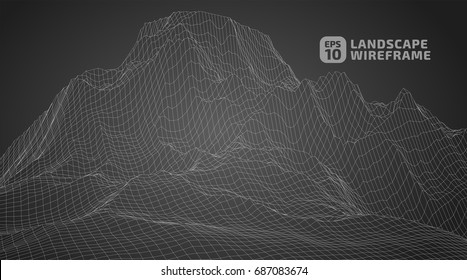Abstract wireframe background. 3D grid technology illustration landscape. Digital Terrain Cyberspace in the Mountains with valleys | EPS10 Vector.