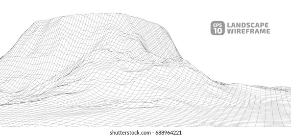 Abstract wireframe background. 3D grid technology illustration landscape. Digital Terrain Cyberspace in the Mountains with valleys | EPS10 Vector.