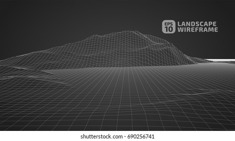 Abstract wireframe background. 3D grid technology illustration landscape. Digital Terrain Cyberspace in the Mountains with valleys | EPS10 Vector.