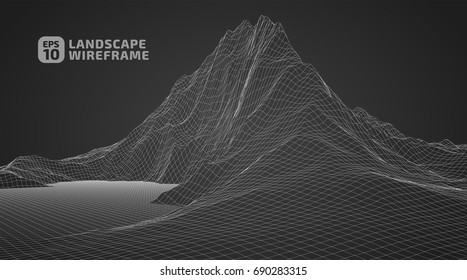 Abstract wireframe background. 3D grid technology illustration landscape. Digital Terrain Cyberspace in the Mountains with valleys | EPS10 Vector.