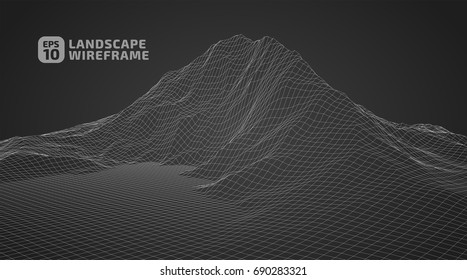 Abstract wireframe background. 3D grid technology illustration landscape. Digital Terrain Cyberspace in the Mountains with valleys | EPS10 Vector.
