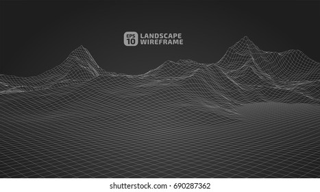 Abstract wireframe background. 3D grid technology illustration landscape. Digital Terrain Cyberspace in the Mountains with valleys | EPS10 Vector.