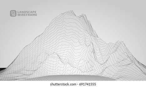 Abstract wireframe background. 3D grid technology illustration landscape. Digital Terrain Cyberspace in the Mountains with valleys | Vector Illustration