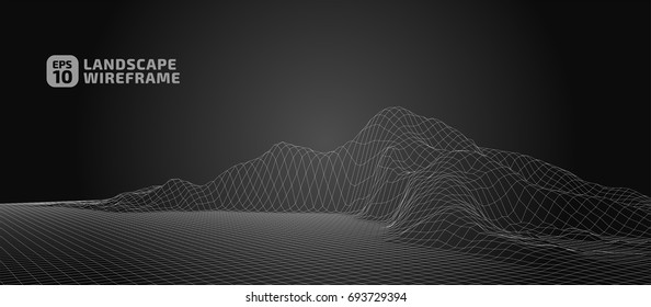 Abstract wireframe background. 3D grid technology illustration landscape. Digital Terrain Cyberspace in the Mountains with valleys | EPS10 Vector.