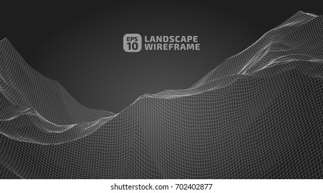Abstract wireframe background. 3D grid technology illustration landscape. Digital Terrain Cyberspace in the Mountains with valleys | EPS10 Vector.