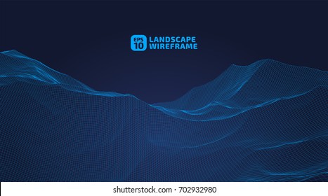Abstract wireframe background. 3D grid technology illustration landscape. Digital Terrain Cyberspace in the Mountains with valleys. EPS10 Vector Illustration.