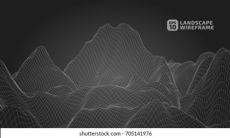 Abstract wireframe background. 3D grid technology illustration landscape. Digital Terrain Cyberspace in the Mountains with valleys | EPS10 Vector.
