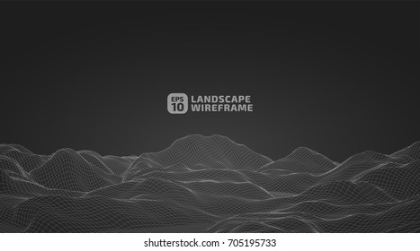 Abstract wireframe background. 3D grid technology illustration landscape. Digital Terrain Cyberspace in the Mountains with valleys | EPS10 Vector.