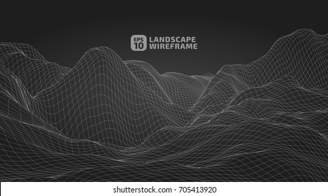 Abstract wireframe background. 3D grid technology illustration landscape. Digital Terrain Cyberspace in the Mountains with valleys | EPS10 Vector.