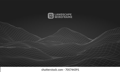 Abstract wireframe background. 3D grid technology illustration landscape. Digital Terrain Cyberspace in the Mountains with valleys | EPS10 Vector.
