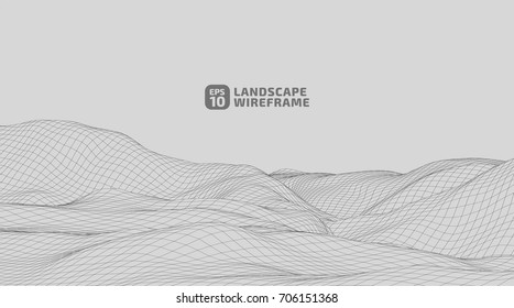 Abstract wireframe background. 3D grid technology illustration landscape. Digital Terrain Cyberspace in the Mountains with valleys | EPS10 Vector.