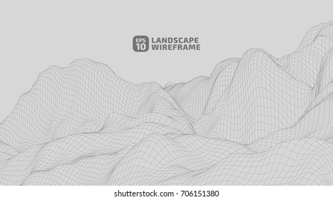 Abstract wireframe background. 3D grid technology illustration landscape. Digital Terrain Cyberspace in the Mountains with valleys | EPS10 Vector.