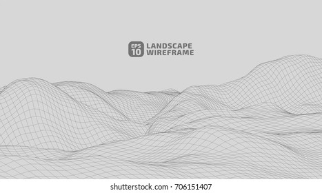Abstract wireframe background. 3D grid technology illustration landscape. Digital Terrain Cyberspace in the Mountains with valleys | EPS10 Vector.