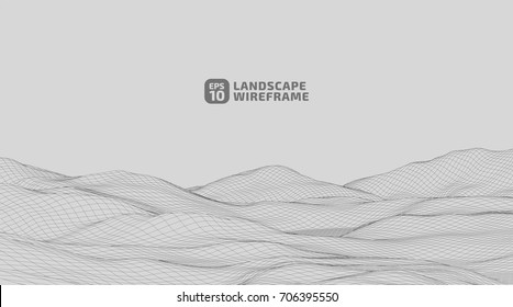 Abstract wireframe background. 3D grid technology illustration landscape. Digital Terrain Cyberspace in the Mountains with valleys | EPS10 Vector.