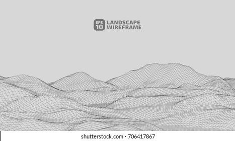 Abstract wireframe background. 3D grid technology illustration landscape. Digital Terrain Cyberspace in the Mountains with valleys | EPS10 Vector.