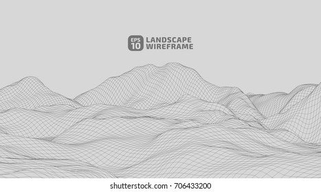 Abstract wireframe background. 3D grid technology illustration landscape. Digital Terrain Cyberspace in the Mountains with valleys | EPS10 Vector.