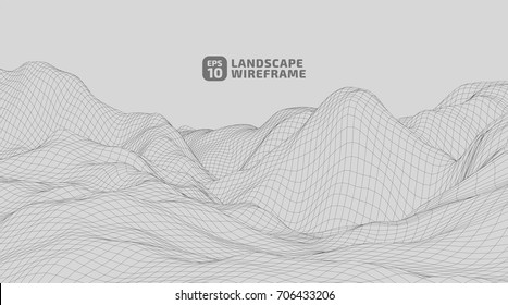 Abstract wireframe background. 3D grid technology illustration landscape. Digital Terrain Cyberspace in the Mountains with valleys | EPS10 Vector.