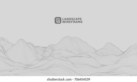 Abstract wireframe background. 3D grid technology illustration landscape. Digital Terrain Cyberspace in the Mountains with valleys | EPS10 Vector.