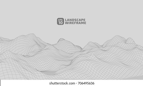 Abstract wireframe background. 3D grid technology illustration landscape. Digital Terrain Cyberspace in the Mountains with valleys | EPS10 Vector.