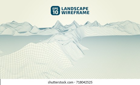 Abstract wireframe background. 3D grid technology illustration landscape. Digital Terrain Cyberspace in the Mountains with valleys. Data Array. | EPS10 Vector.