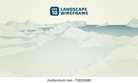 Abstract wireframe background. 3D grid technology illustration landscape. Digital Terrain Cyberspace in the Mountains with valleys. Data Array. | EPS10 Vector.