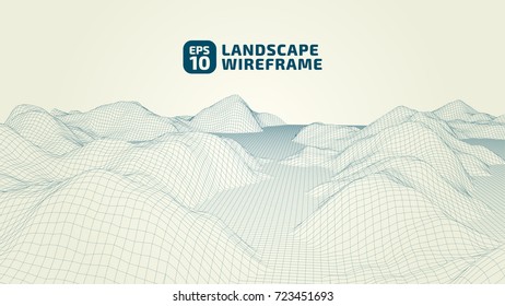 Abstract wireframe background. 3D grid technology illustration landscape. Digital Terrain Cyberspace in the Mountains with valleys. Data Array. | EPS10 Vector.