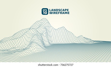 Abstract wireframe background. 3D grid technology illustration landscape. Digital Terrain Cyberspace in the Mountains with valleys. Data Array. | EPS10 Vector.