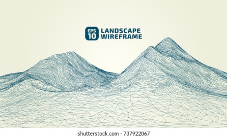 Abstract wireframe background. 3D grid technology illustration landscape. Digital Terrain Cyberspace in the Mountains with valleys. Data Array. | EPS10 Vector.