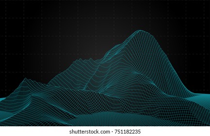 Abstract wireframe background. 3D grid technology illustration landscape. Digital Terrain Cyberspace in the Mountains with valleys. Data Array. | EPS10 Vector.