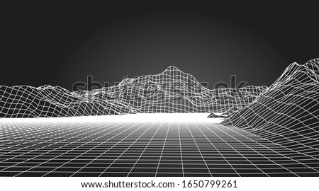 Abstract wireframe background. 3D grid technology illustration landscape. Digital Terrain Cyberspace in the Mountains with valleys. Data Array. Vector Illustration.