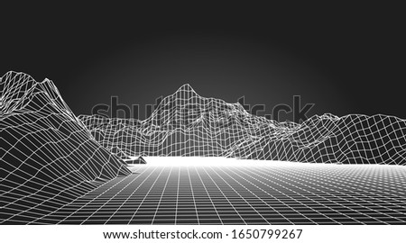 Abstract wireframe background. 3D grid technology illustration landscape. Digital Terrain Cyberspace in the Mountains with valleys. Data Array. Vector Illustration.