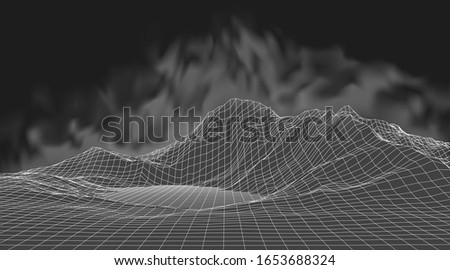 Abstract wireframe background. 3D grid technology illustration landscape. Digital Terrain Cyberspace in the Mountains with valleys. Data Array. Vector Illustration.