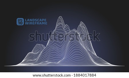 Abstract wireframe background. 3D grid technology illustration landscape. Digital Terrain Cyberspace in the Mountains with valleys. Data Array. Dark Blue and White. Vector Illustration.
