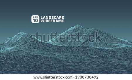 Abstract wireframe background. 3D grid technology illustration landscape. Digital Terrain Cyberspace in the Mountains with valleys. Data Array. Vector Illustration.