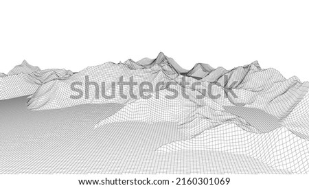 Abstract wireframe background. 3D grid technology, vector illustration landscape. Black on White colors. Digital Terrain Cyberspace object in Mountains with valleys. Data Array. Wide size.