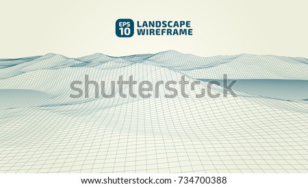 Abstract wireframe background. 3D grid technology illustration landscape. Digital Terrain Cyberspace in the Mountains with valleys. Data Array. | EPS10 Vector.