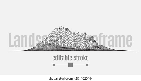 Abstract wireframe background and editable stroke lines. 3D grid technology illustration landscape. Digital Terrain Cyberspace in the Mountains with valleys. Data Array. Vector Illustration.