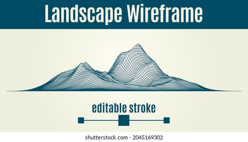 Abstract wireframe background and editable stroke lines. 3D grid technology illustration landscape. Digital Terrain Cyberspace in the Mountains with valleys. Data Array. Vector Illustration.