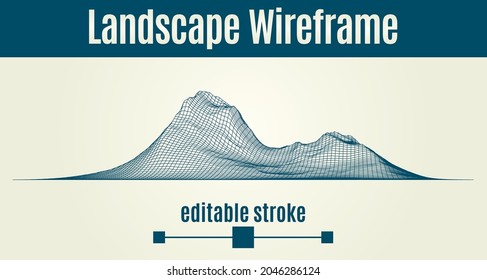 Abstract wireframe background and editable stroke lines. 3D grid technology illustration landscape. Digital Terrain Cyberspace in the Mountains with valleys. Data Array. Vector Illustration.