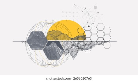 Fondo Abstractas del marco de alambre. Elementos de arte de ciencia o tecnología moderna. Ilustración de superficie dentro de círculos