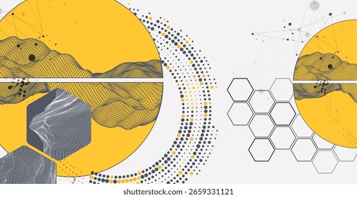 Abstract wireframe background. Modern science or technology art elements. Surface illustration inside circles