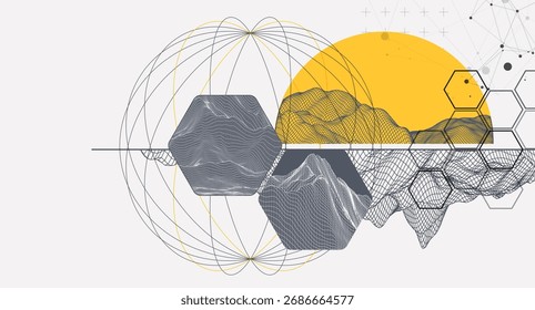 Abstract wireframe background. Modern science or technology art elements. Surface illustration inside circles