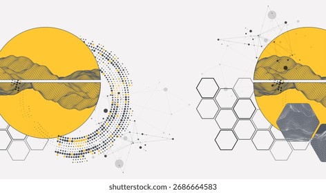 Abstract wireframe background. Modern science or technology art elements. Surface illustration inside circles